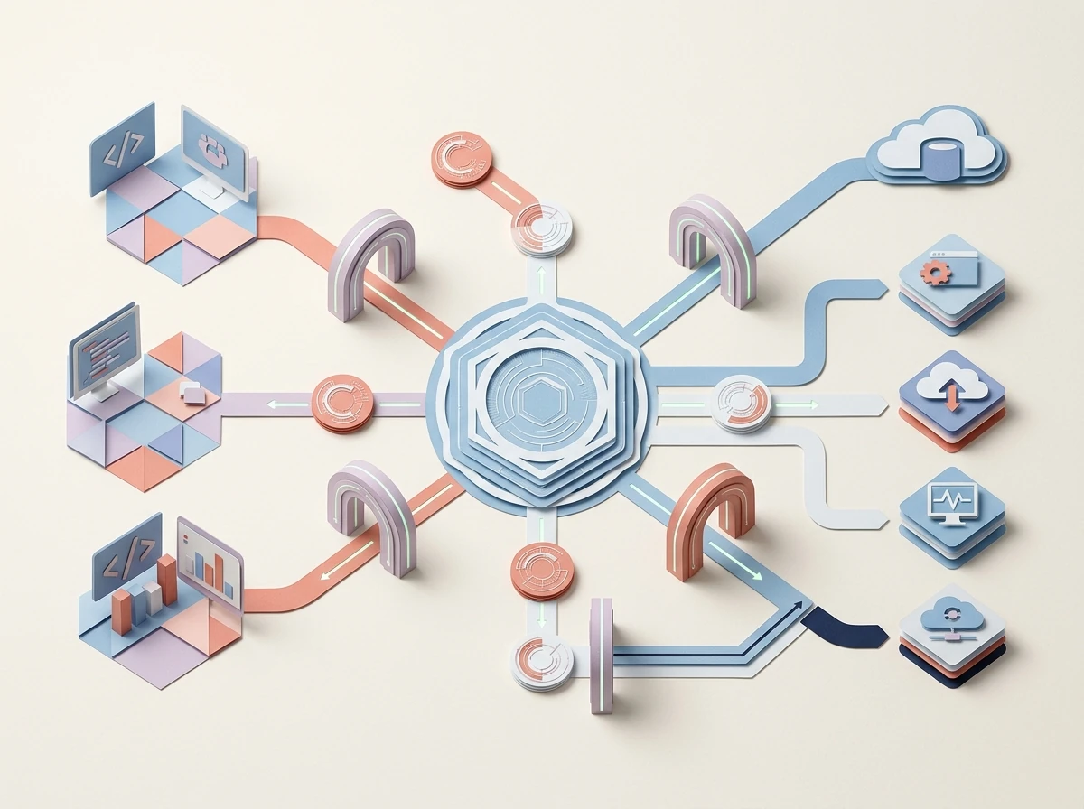 Paper-cut illustration of identity controls governing access to connected cloud services